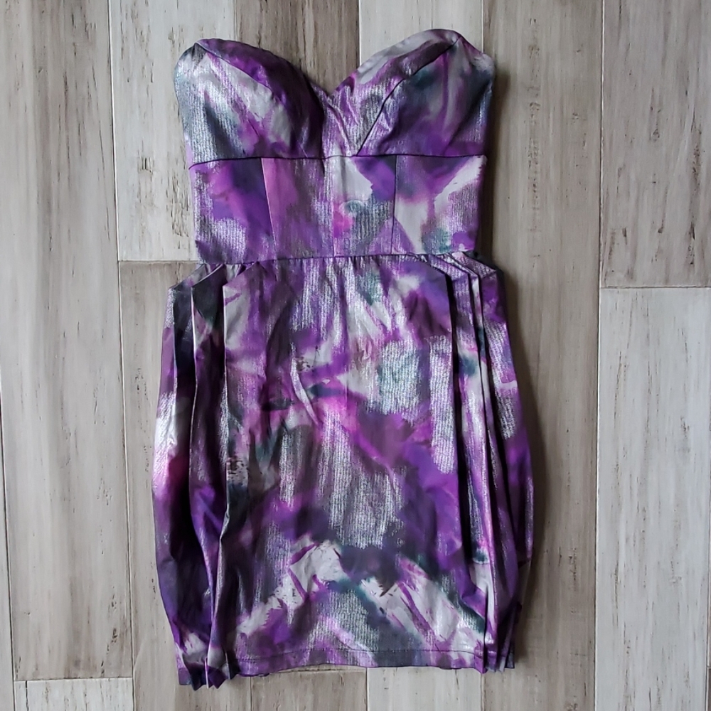 Lipsy London Metallic Purple Print Strapless Dress